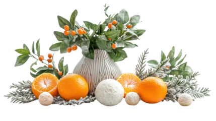 Winter Japanese seasonal symbols arranged symmetrically with pine and plum blossom on transparent background