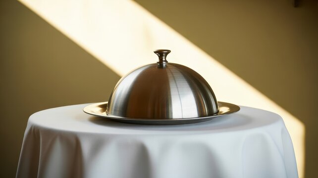 Shiny silver cloche covering a dish on a white table with a white tablecloth and soft warm light.