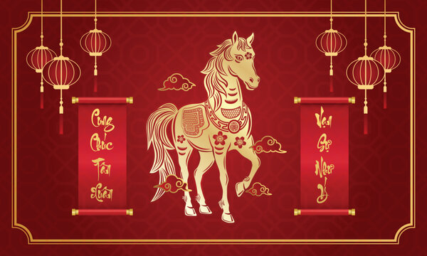Vietnamese Horse Hold Couplets To Wish Tet holiday 2026 . Year of the horse (Translation : Happy new year )