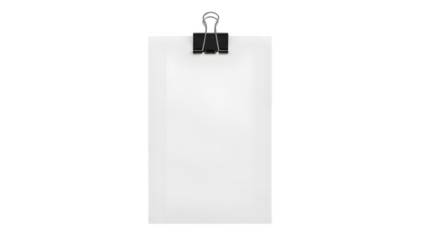 Blank Vertical White Paper Sheet Mockup with Black Binder Clip Isolated