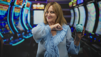 Woman holding blue piggy bank and thrusting right fist toward camera amid slot machines in casino building; saving confidence resilience.