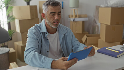 Man middleaged holding blue tablet with hand visible among packed moving boxes inside building, seated at desk with notebook and pencil; calm contemplation.