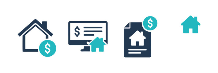 Real estate transaction icons set house purchase, online payment, contract, and handshake deal