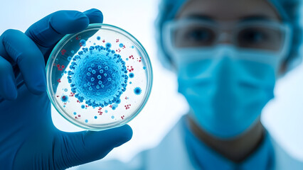 Scientist in lab coat and mask examining a petri dish with a blue virus culture