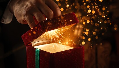 Hand opening a glowing red gift box with sparkling golden light and festive bokeh background.