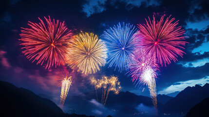 Brightly colored fireworks over mountains with red and blue bursts on transparent background