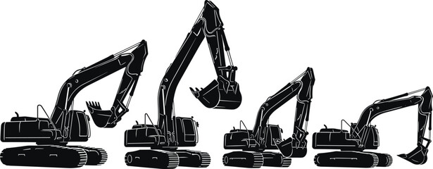 Black excavator silhouette set, heavy construction machinery icons, industrial earthmover vector collection, hydraulic digger equipment for building site engineering projects. © Hey There