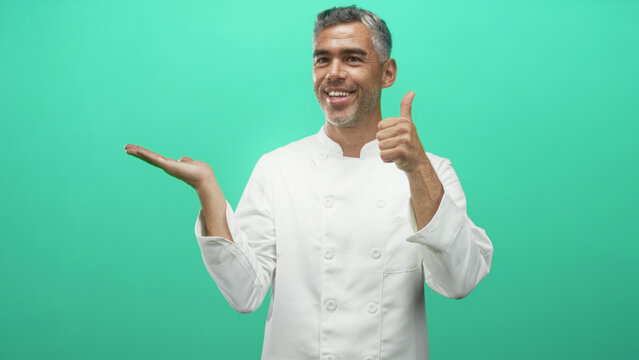 Man chef in white coat presents open palm while smiling and giving thumbs up in studio green screen backdrop; confidence. - Powered by Adobe