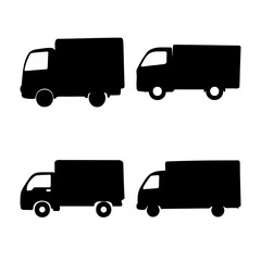 A collection of stylized black silhouette delivery truck icons on a white background