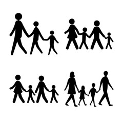 Symbolic illustration of various family groups, depicting parents and children walking together