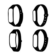 Four minimalist black and white fitness tracker bands icon set in vector illustration