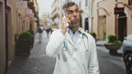 Man doctor holding phone to ear with stethoscope visible on a cobblestone pedestrian street; calm...