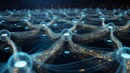 Digital network connecting glowing nodes with fiber optic light trails
