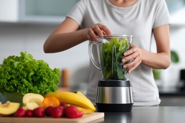 A woman is making a green smoothie with spinach and other fruits. The image conveys a healthy and active lifestyle, as well as the importance of incorporating fruits and vegetables into one's diet