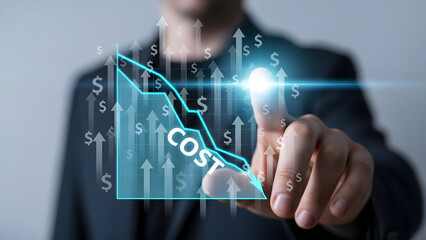 Businessman interacting with a cost reduction graph on a transparent screen