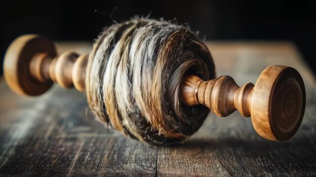 Handspinning freshly cleaned yak wool on a wooden spindle highlighting intimate craftsmanship and the rich texture of natural fibers.