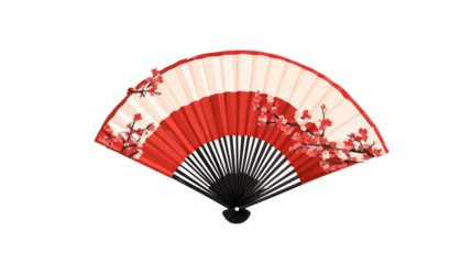 Winter seasonal Japanese icons with folding fan and plum blossom on transparent background