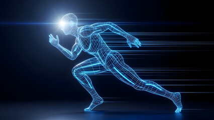 A blue wireframe of a man running with a glowing light on his head in a dark background with motion lines