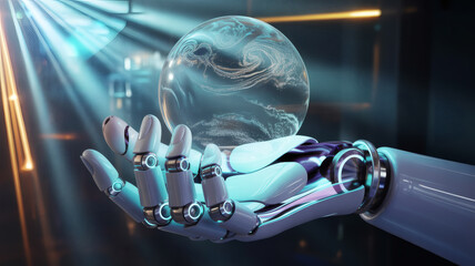 Robotic hand gently holds shimmering glass sphere depicting Earth in futuristic setting