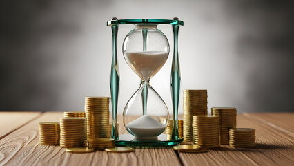 Hourglass with gold coins on wooden table representing time and money management