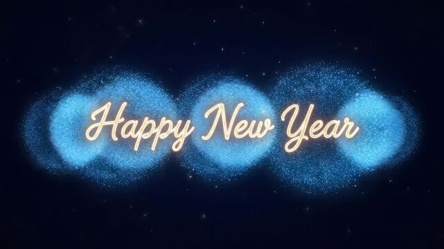 Happy new year neon sign on a starry night sky background with glowing text