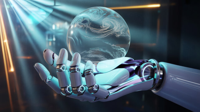 Robotic hand gently holds shimmering glass sphere depicting Earth in futuristic setting - Powered by Adobe