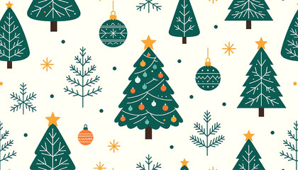 Seamless Christmas Pattern with Scandinavian Style Trees and Ornaments on Cream Background