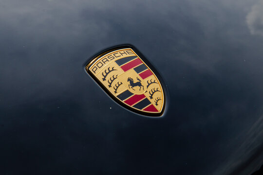 October 9, 2021, Seoul, South Korea - The Porsche logo on the hood of a Macan S car.