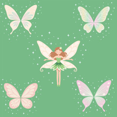 Cute spring fairy with butterflies on green background Magical fairy girl illustration with pastel butterfly wings Whimsical fairy character surrounded by butterflies and sparkles