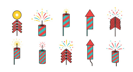 Fototapeta premium Collection of colorful fireworks and firecrackers exploding with sparks and bursts