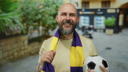 Caucasian man with beard holds soccer ball and scarf outdoors in urban setting, appearing thoughtful and tranquil against blurred city background.