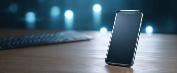 Modern smartphone standing upright on wooden desk with blurred keyboard and blue bokeh lights in background