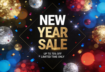 New year sale up to 70 percent off limited time only promotional graphic element with happy new year glittery golden text bokeh