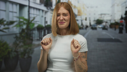 Young woman cringes with pursed lips and raises both hands in front of body on a city street; disgust rejection revulsion discomfort.