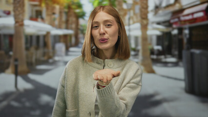 Fototapeta premium Woman blowing kiss in urban outdoor setting with palm trees lining the street, wearing warm sweater, smiling, expressing friendliness, daytime in lively city scene.