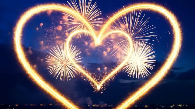 Two sparkling golden heart shapes illuminate the dark night sky with vibrant fireworks exploding in the background, symbolizing celebration and love.