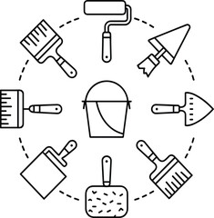 Black and White Line Art Sprite Sheet Featuring an Alternate Radial Arrangement of Paint Buckets, Brushes, Rollers, and Scrapers Enclosed Within a Dashed Circular Border.