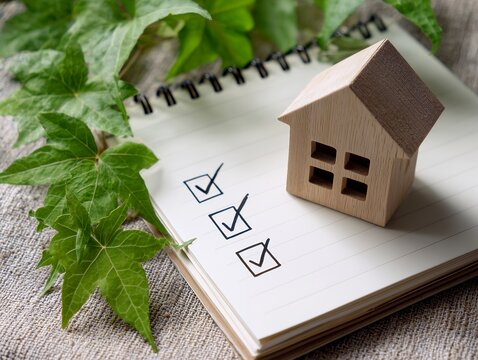 チェックリストと木製の家模型で考える住宅購入や住まい選びの確認イメージ写真