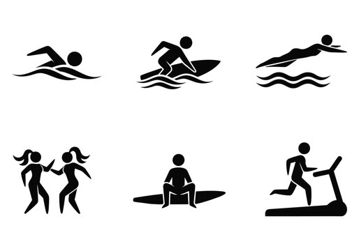 A set of silhouette icons illustrating various sports and physical activities