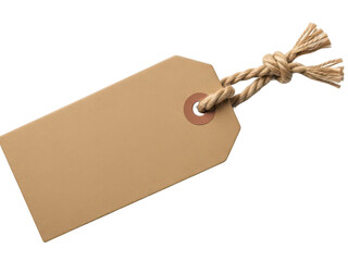 Brown paper tag with jute string hanging isolated on white background