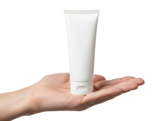 Hand Holding White Tube Cream Lotion Cosmetic Skincare Product Isolated