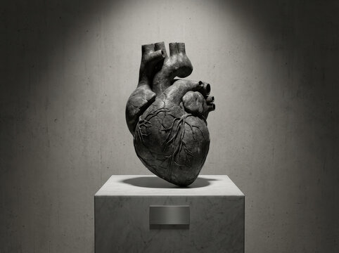 a human heart made of concrete, displayed on a pedestal
