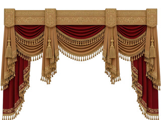 Elegant Window Valance with Swags and Tassels in Gold and Burgundy