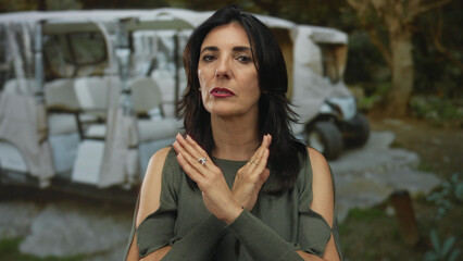 Middle age woman wearing green top stands arms crossed in forest clearing near white golfcart; rejection.