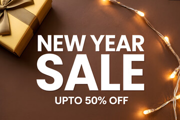 New year sale for happy new year celebration with discount upto 50 percent off on product with gift box lighting