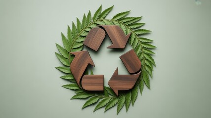 Wooden recycling symbol surrounded by green fern leaves on a plain background