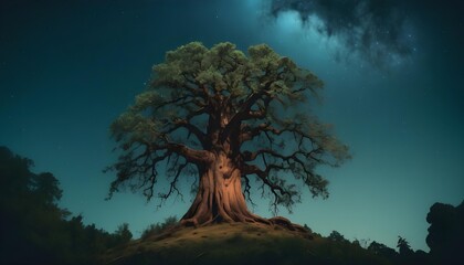 Obraz premium The big old tree, a night mythological landscape with a tree