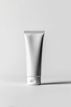 Tubo blanco de crema cosm&eacute;tica sobre fondo neutro, Envase gen&eacute;rico para branding de producto cosm&eacute;tico, Mockup de crema hidratante para marca de lujo, Packaging minimalista para cosm&eacute;tica de dise&ntilde;o
