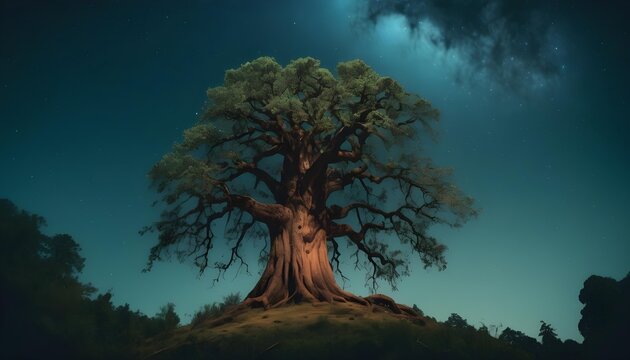 The big old tree, a night mythological landscape with a tree
