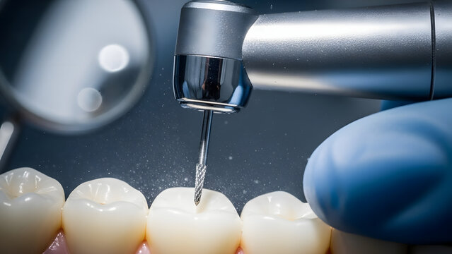 Professional Dentist Drilling Tooth Cavity with Modern Dental Equipment Generative AI